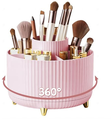 Bekeify 360° Rotating Makeup Organiser Makeup Brush Holder 5 Compartments | Cosmetic Organiser for Skincare Make up lipstick Brushes Storage for Vanity & Dressing Table Bedroom Bathroom Office, Pink
