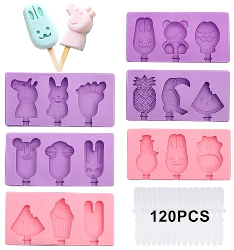 inodiref 18 Cavity Ice Cream Moulds, Silicone Ice Lolly Moulds with 120 Sticks, Reusable Popsicle Mould Cute Lollipop Moulds Easy Release Cakesicle Moulds for Home DIY Ice Lolly Chocolate Cake