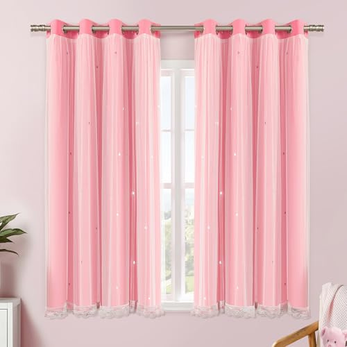 XiDi Pink Curtains 54 Inches Long for Girls Bedroom Living Room Darkening Privacy Double Layer Short Curtains with Sheer Overlay for Kids Toddler Princess Nursery Room Decor Window Drapes
