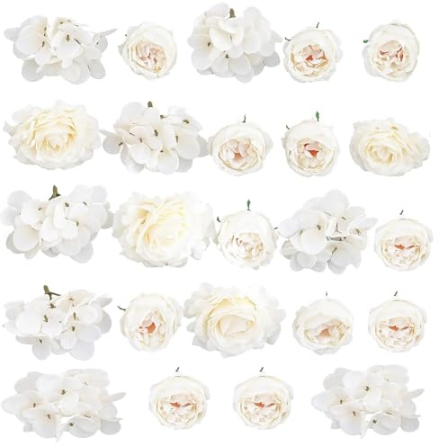 White Artificial Flower Heads - 24Pcs Fake Flower with Stems Silk Faux Flowers,Realistic Craft Peony Hydrangea Rose for DIY Table Decorations, Arrangement, Wedding, Party, Hair, Album, Home, Decor