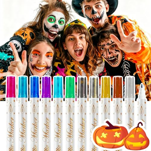 Halloween Face Paint Pens, 12 Colour Dual Tip Neon Face Painting Kit, Body Paint Sticks Crayons - Water-Based, Fast-Drying, Washable Tattoo Markers for Festivals, Parties, Masquerade, Fancy Dress