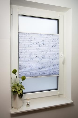 Klemmfix Plissee floraler Druck Blattzweig Bogota, ohne Bohren oder Schrauben, inkl. Klemmträger Breite: 50 cm/Länge: 130 cm, Farbe: weiß