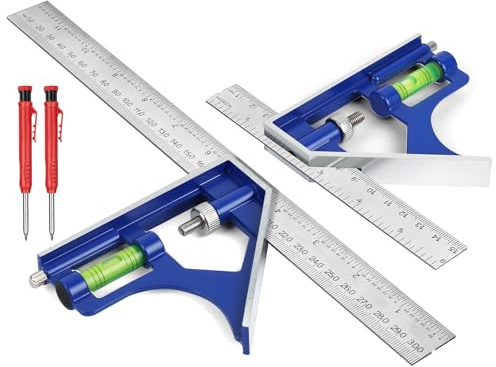 Flintronic Set Squadra Combinata Acciaio Inossidabile, 150mm+300mm Squadra Combinata Regolabile, Righello da Falegname con Livella a Bolla, Misuratore Angoli 45°/90°, Strumento di Misura Professionale