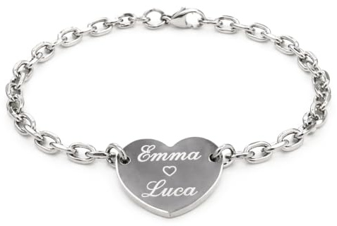 ByClay Laboratory Braccialetto a cuore da donna in acciaio con incisione personalizzata | Regalo personalizzato con nomi date e dediche personali | Misura unica