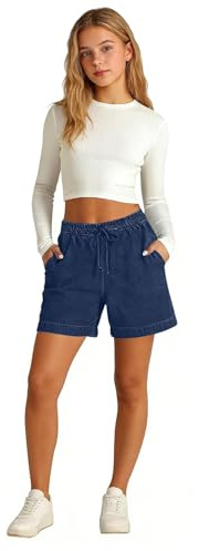 Short en jean ample pour filles - Short d'été à taille élastique avec poches à cordon de serrage - Respirant - Jambe large - Pantalon de sport décontracté