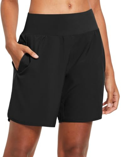 baleaf Short Sport Femme Running Taille Haute Short Fitness Femme Respirant avec 4 Poches pour Surf Volley Ball Tennis Randonnee Gym Yoga-Noir-XL