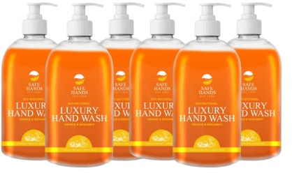 Safe Hands | Luxury Hand Wash | Orange & Bergamot | 6 x 500ml | Moisturising hand soap liquid | Antibacterial | Anti Bac Hand Soap | Removes 99% of Bacteria | Kind to Skin
