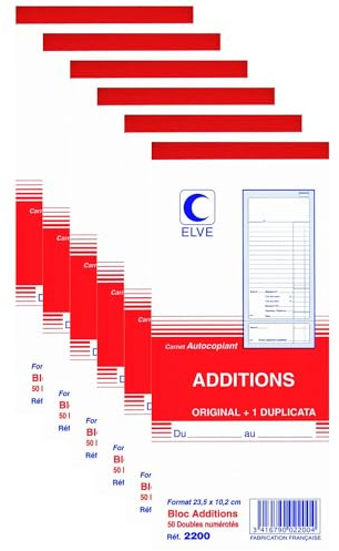 ELVE Lot de 6 Blocs Manifold ADDITIONS numérotés 235 x 102 mm 50 Feuillets Dupli