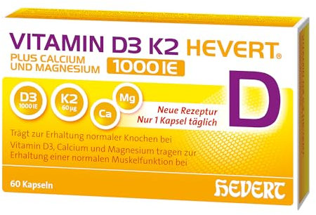 Vitamin D3 K2 Hevert plus Calcium und Magnesium 1.000 I.E. mit 4-fach Osteo-Formel für gesunde Knochen und Muskeln, 60 St. Kapseln
