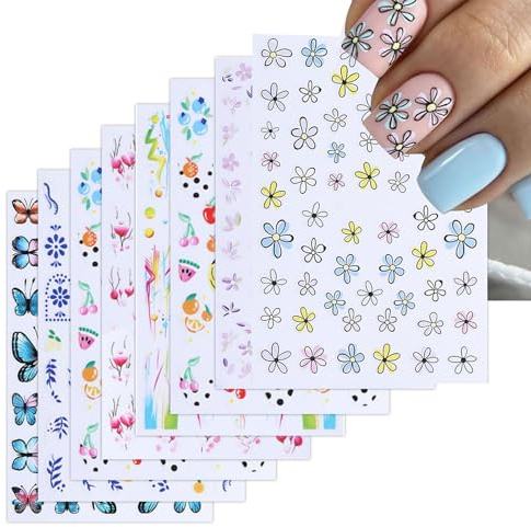 Kotkiddy Autocollants d'art Ongulaire Papillon Fleurs Colorées Décalcomanies pour Transmission d'eau Accessoires de Manucure Été 8 Feuilles