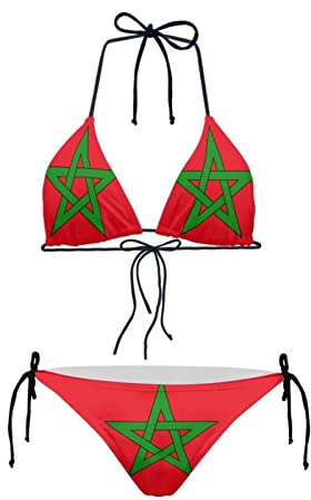 Maillot de bain 2 pièces pour femme avec nœud triangulaire, dos nu, rembourré, motif drapeau national, fleur, fruits et coquillages, Motif drapeau du Maroc, M