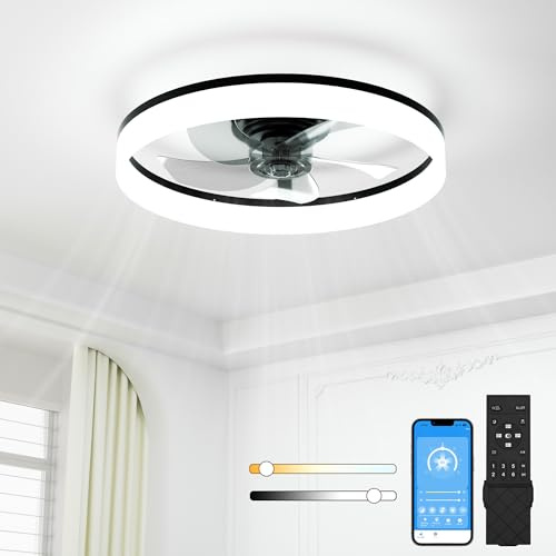 NIORSUN 50CM LED Ceiling Fan with Lights and Remote, Dimmable Low Profile Ceiling Fans, Flush Mount Ceiling Fan, Stepless Color Temperature Change and 6 Speeds（Black）