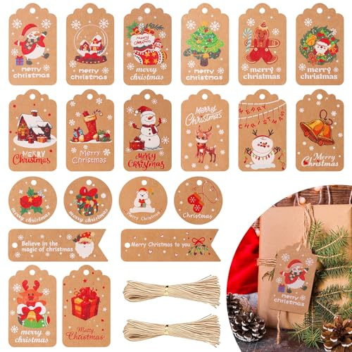 100 Piezas Etiquetas Regalo Navidad,Etiquetas de Papel Kraft Navidad con Cuerda，20 Patrones de Etiqueta de Vintage para Envolver Regalos Decoración Hogar