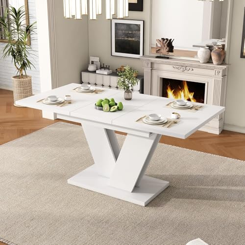 Merax Ausziehbarer Esstisch 120/160x80 cm, rechteckig, für 4–8 Personen, Moderne V-förmige Metallbeine, für Esszimmer und Wohnbereich, einfache Montage, Weiß