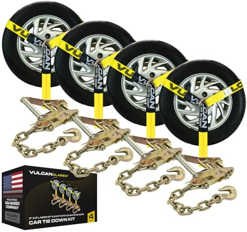 VULCAN Car Tie Down with Chain Anchors - Lasso Style - 2 Inch x 96 Inch - 4 Pack - Classic Yellow - 3,300 Pound Safe Working Load