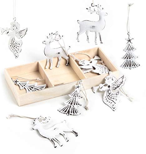 Logbuch-Verlag 9 weiße Metall Weihnachten Anhänger 7 cm mit Schnur zum Anhängen an den Weihnachtsbaum antik alt