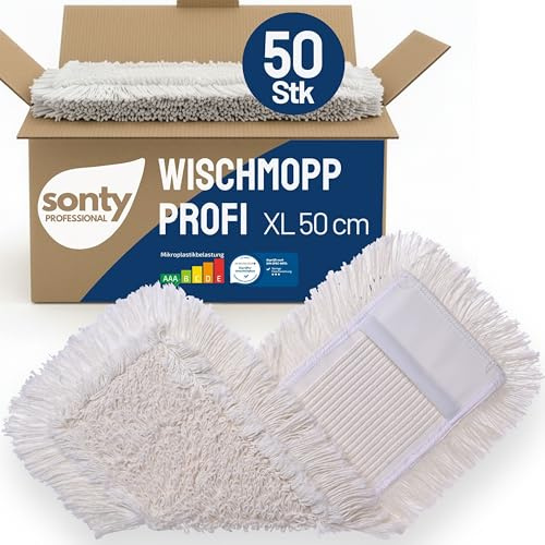 SONTY Profi Wischmopp 50 cm Baumwolle – 50 Stück XL Wischbezug für Klapphalter | Wischmop Baumwollmopp für alle Bodenarten in Haushalt, Gastro & Gewerbe | Waschbar 60–90°C