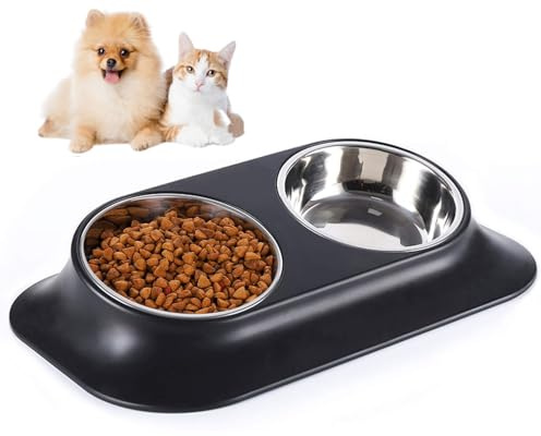 Bwelcam 2x400 ML Gamelle pour Chat et Chien,15° Inclinaison antidérapante Double Bol Chat Chien en Acier Lnoxydable,Mangeoirs et Abreuvoirs pour Chats