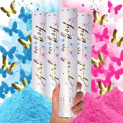 PrimePure Cannoni Spara Coriandoli per Gender Reveal - Polvere Biodegradabile e Coriandoli a Forma di Farfalla - Blu o Rosa, Confezione da 4 - Bombe di Fumo Gender Reveal