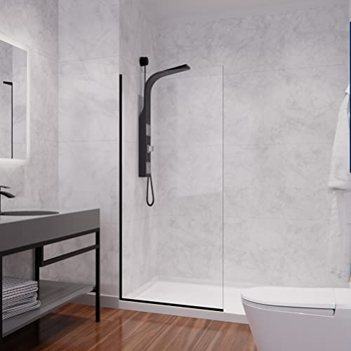 ANZZI 74 X 34 Inch Frameless Fixed Glass Shower Screen Shower Door in Matte Black | Screen Water Repellent Clear Tempered Glass Single Panel for Shower Room | Glass Screen Frame Hardware Complete Kit