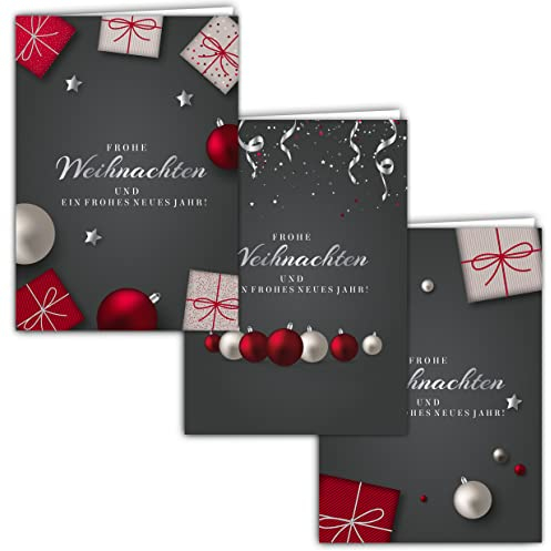 12 Weihnachtskarten Set Klappkarten A6 mit Umschlägen Karte Karten Umschlag glanz Frohe Weihnachten Merry Christmas xmas grau rot schwarz Kugel Geschenk Weihnachtsgrüße