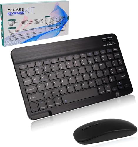 Wireless Keyboard and Mouse,Bluetooth Rechargeable Mini Small Silent 10-inch Compact Flat Keyboard and Mouse Set for Computer/iPad/Laptop/Tablet/Mac/Microsoft/Android/Windows（Black square key）