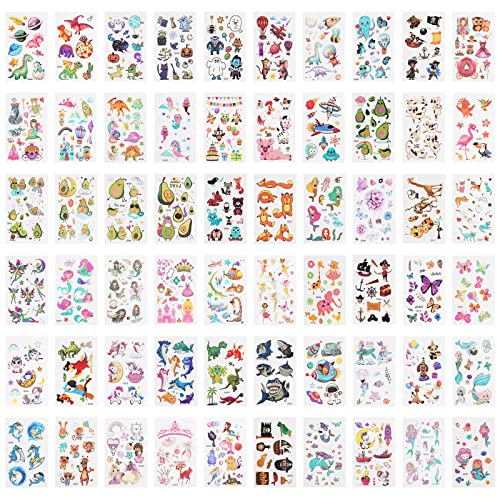 ACWOO Temporary Tattoo for Kids, 60 Sheets Mermaid Animal Dinosaur Cartoon Tattoo Stickers, Waterproof Cartoon Fake Tattoo Stickers Set for Boys Girls Birthday Gift Party Bag Filler
