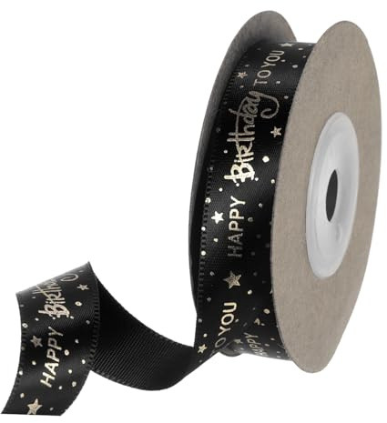 PATIKIL Cintas de Satén de 5/8 x 10 Yardas con Estampado Dorado Cinta de Feliz Cumpleaños para Envolver Regalos de Cumpleaños Lazos de Manualidades Y Decoración DIY Negro