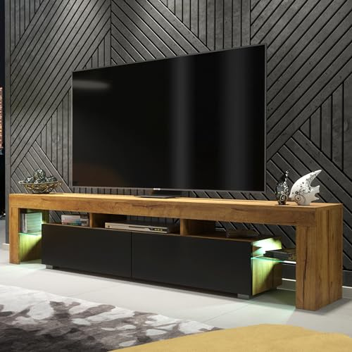Creative Furniture TV Unit 200cm Dark Oak Modern Stand Black Matt Doors Free LED