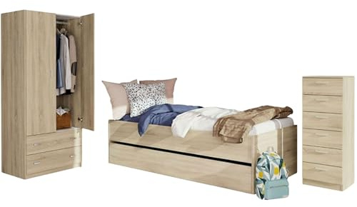 Miroytengo Pack Muebles Dormitorio Juvenil Tibet Estilo Natural en Color Roble Cambrian (Cama 90x190 cm + Armario + Cómoda)