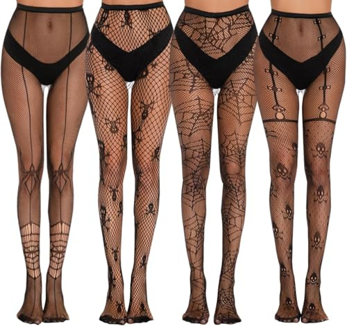 VIDSTW 4 par svarta nätstrumpor för kvinnor, sexig bodystocking mönster strumpor för strumpeband hög midja strumpbyxor dam möte shorts kjolar pyjamas