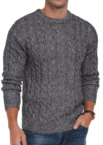 QIXING Pull en tricot pour homme - Col rond - Décontracté - Manches longues - Grosse maille - Avec poignets côtelés, Gris foncé Vg, L
