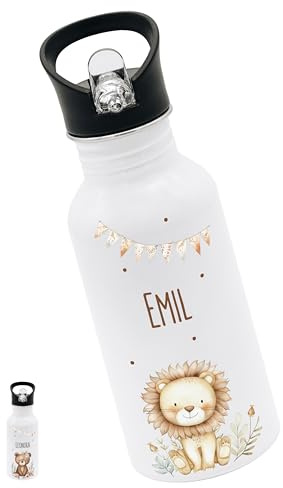 Bärenfreunde® - Personalisierte Trinkflasche Kinder Edelstahl [ 500ml ] - Robuste Trinkflasche mit Namen - Wasserflasche mit Trinkhalm - Personalisierte Geschenke für Kinder (Löwe Zweige Girlande)