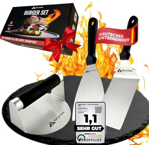 BERGVIBES Burger Smasher 3tlg.,Smash Burgerpresse. aus Edelstahl,Grillspachtel Set,Smash Burger Set,Plancha Spachtel Set, Smasher,Smashed Burger Presse,