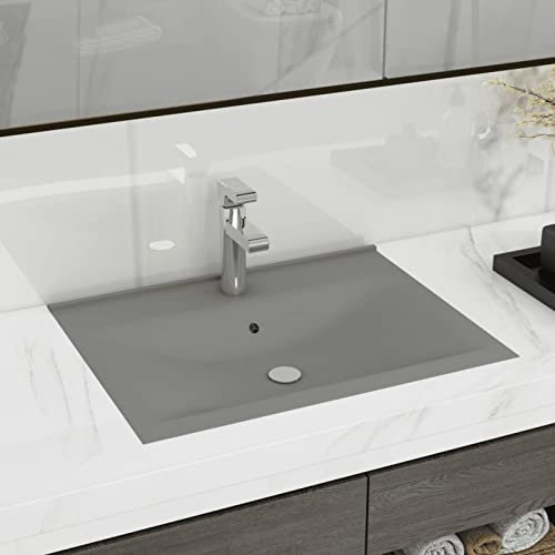Xichuzi Luxus-Waschbecken mit Hahnloch, Aufsatzwaschbecken, Bathroom Sink, Waschtisch, Ablaufgarnitur, Aufsatzbecken, Matt-Hellgrau 60x46 cm Keramik