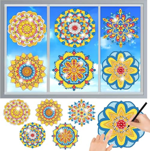 CAYUDEN 5D Diamond Art Suncatcher Mosaic Kits, 6pcs Mandala Window Art Craft Set for Children, Reusable DIY Stained Glass Diamond Painting Window Stickers, Sequin Arts and Crafts for Adults Home Decor