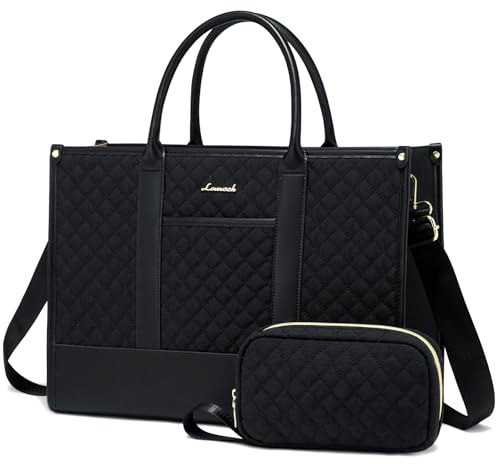 LOVEVOOK Handbags for Women Laptop Bags 15.6 Inch, Ladies Tote Bag for Work Office Business School, Large Womens Shoulder Bag with Adjustable Straps & Clutch Bag Lightweight, Black
