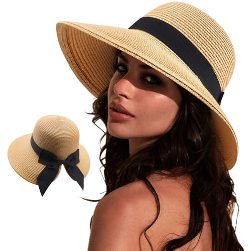 DRESHOW Sonnenhüte für Damen Reise Fedora Faltbarer Strand Sonnenhut Sommer Breite Krempe Stroh Eimer Hut mit Bowknot UPF 50+