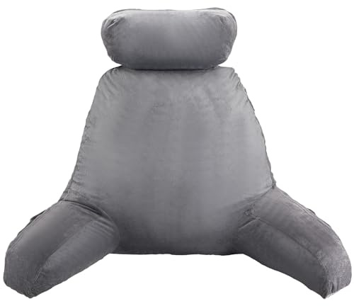 VEVOR Cuscino da Lettura da Letto con Poggiatesta Rimovibile, Grande, Cuscino per Schiena con 3 Tasche e Panno in Velluto Corto Lavabile e Schiuma di Memoria Triturato, Lato con Maniglia, Grigio
