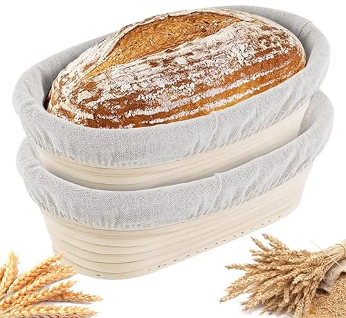 Bannette Banneton Bread Proofing Basket 10 Oval Set of 2 | Sourdough Banneton Baskets with Linen Liners | Oval Banneton Bread Basket for Sourdough Baking Supplies | Non-Stick Bread Proofing Bowl
