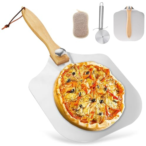 Pizzaschieber Aluminium, Pizzaschaufel Set Perforiert Pizza Schieber mit Abnehmbarem Holzgriff Pizza Schaufel Zubehör Set mit Pizzaschneider für Backen Pizza 35,5cm x 30,5cm