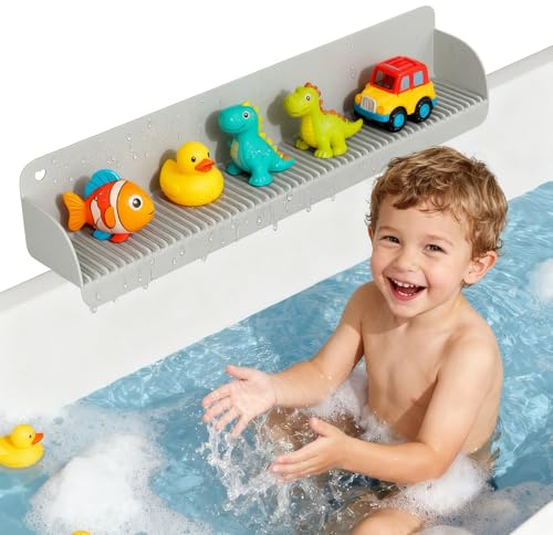 Duseu 24 Inch Bathtub Splash Guard, Silicone Bath Tub Tray with 10 Strong Suction Cups, Bathtub Shelf Toy Holder, Prevent Water Spills in Bathroom, Easy Clean & Fold, Grey