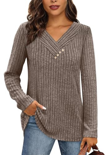 Desol Thin Lightweight Versatile Jumpers for Women UK Cosy Long Sleeve V Neck Ribbed Knit Sweaters Basic Casual Daily