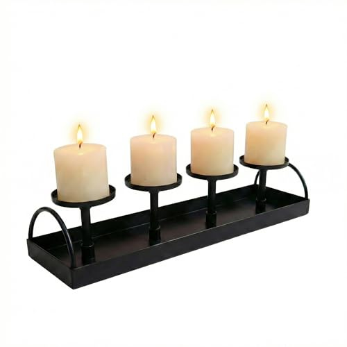 Olrla Plateau Carré avec 4 Supports Bougeoirs en Métal Noir - 39 x 9 x 9 cm - pour Mariage, Anniversaire, Fête, Décoration de Table de Pâques, Couronne de l'Avent