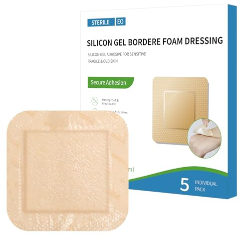 5 Pcs Silicone Foam Dressing 12.5 x 12.5cm with Adhesive Gentle Border Waterproof Highly Absorbent Wound Bandages