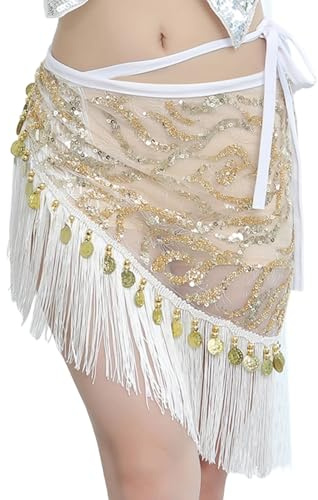Falda de danza del vientre con lentejuelas y flecos, cadena de cadera, práctica de rendimiento para espectáculo, blanco, Altoa única