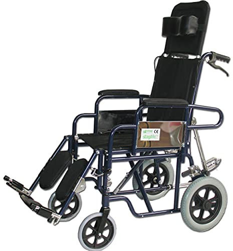 Silla de ruedas reclinable de color azul con rueda de 300 mm T-43