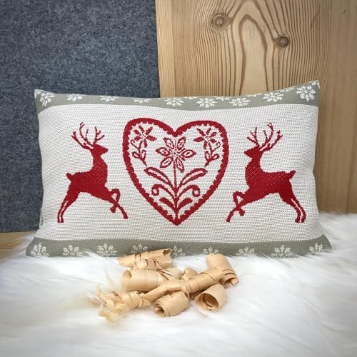 Gaidra Cuscino con Fiocchi di cirmolo - Jacquard in 100% Cotone - qualitá Artigianale dall' Alto Adige - Stile Tirolese - Cervi e Cuore