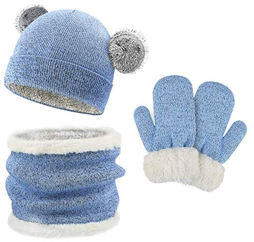 QKURT Niños Sombrero Caliente Bufanda tubular y Gloves, Sombreros Bufanda Mitones de Caliente Punto para Niños y Niñas con Forro de Felpa Corta, Set de Gorro Bufanda y Guantes, 3 Piezas, 3-6 Años