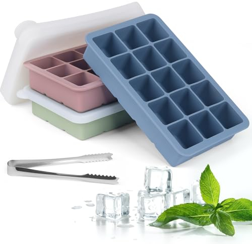 Eiswürfelform Silikon Eiswürfelbehälter mit Deckel, 3 Stück 45 Fach Große Quadratische Eiswürfel 3.5cm, Ice Cube Tray für Whisky, Cocktails(Blau+Rosa+Grün)